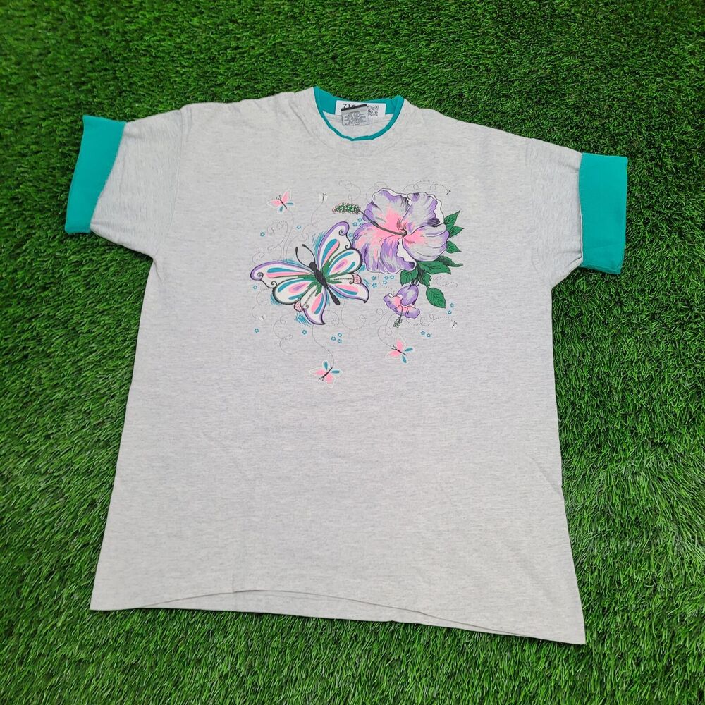 Vintage Butterfly Floral Art Shirt Womens XL 22x28 Gray